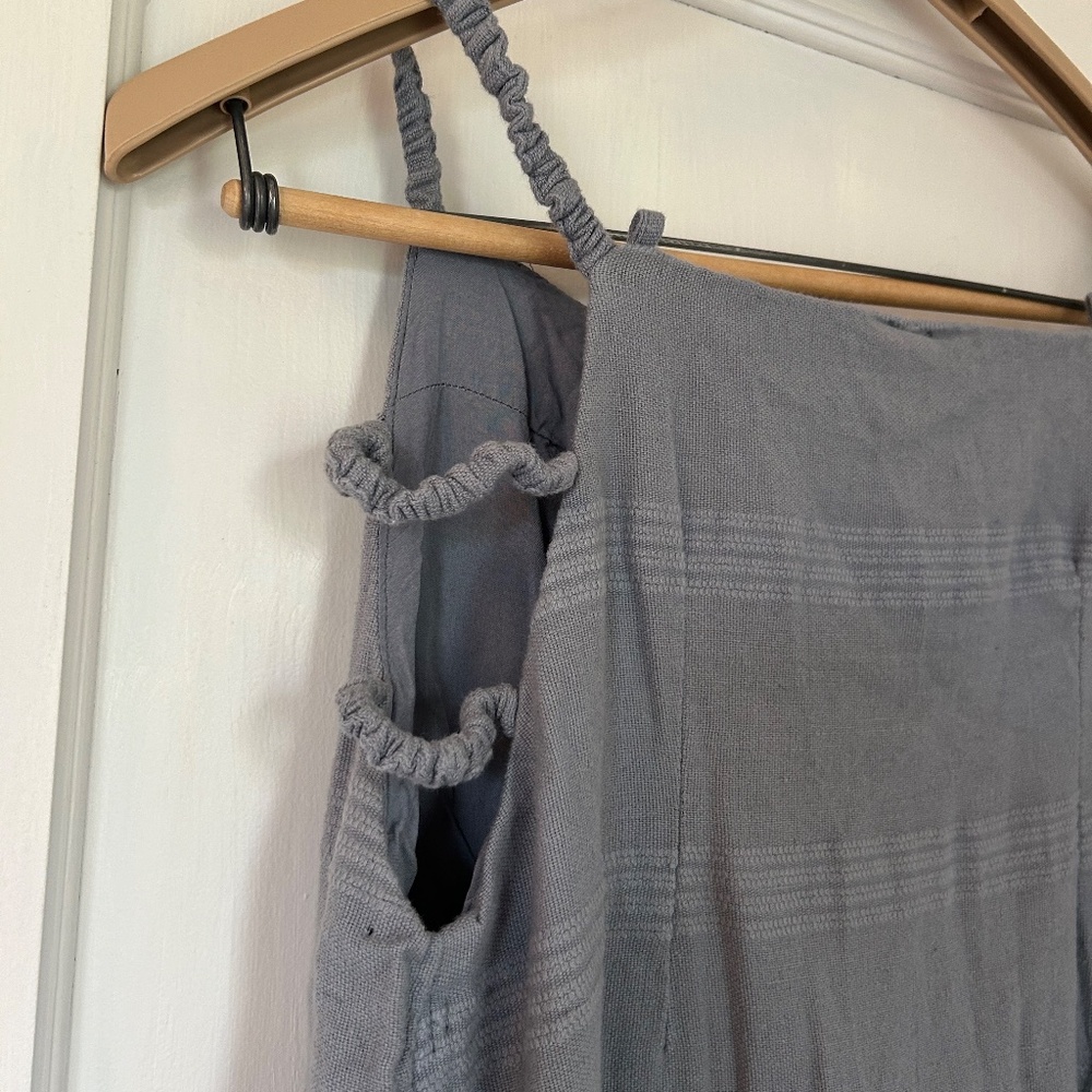 Free People Gray Blue Linen Texture Tank Top Cut Out Shoulder StripeTies Size M - Picture 8 of 11